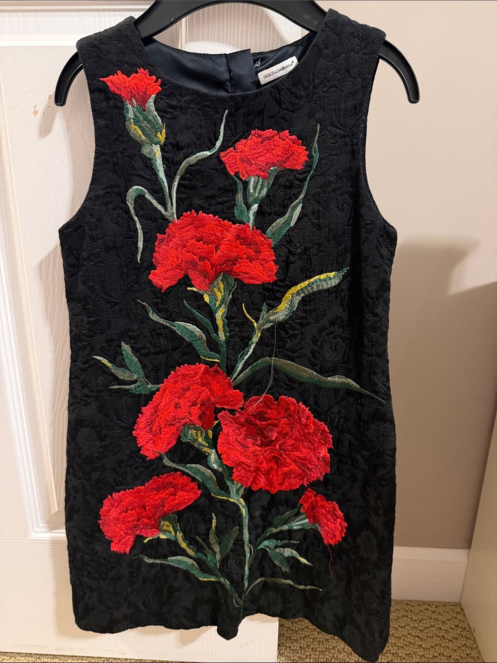 DOLCE & GABBANA JACQUARD SILK Dress with Red Floral Embroidery